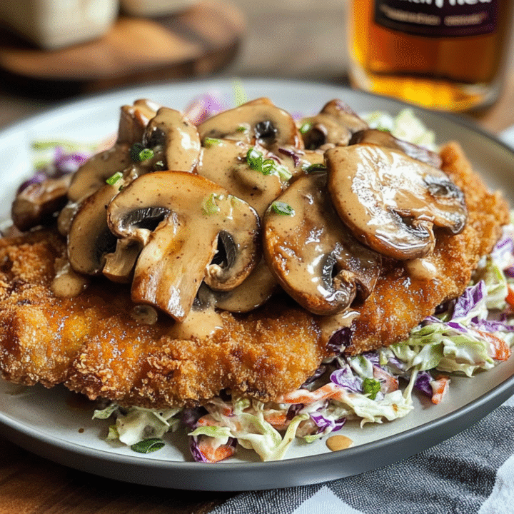 Vegetarian "Chicken-Fried" Mushroom Steak with Hot Honey and Creamy Slaw