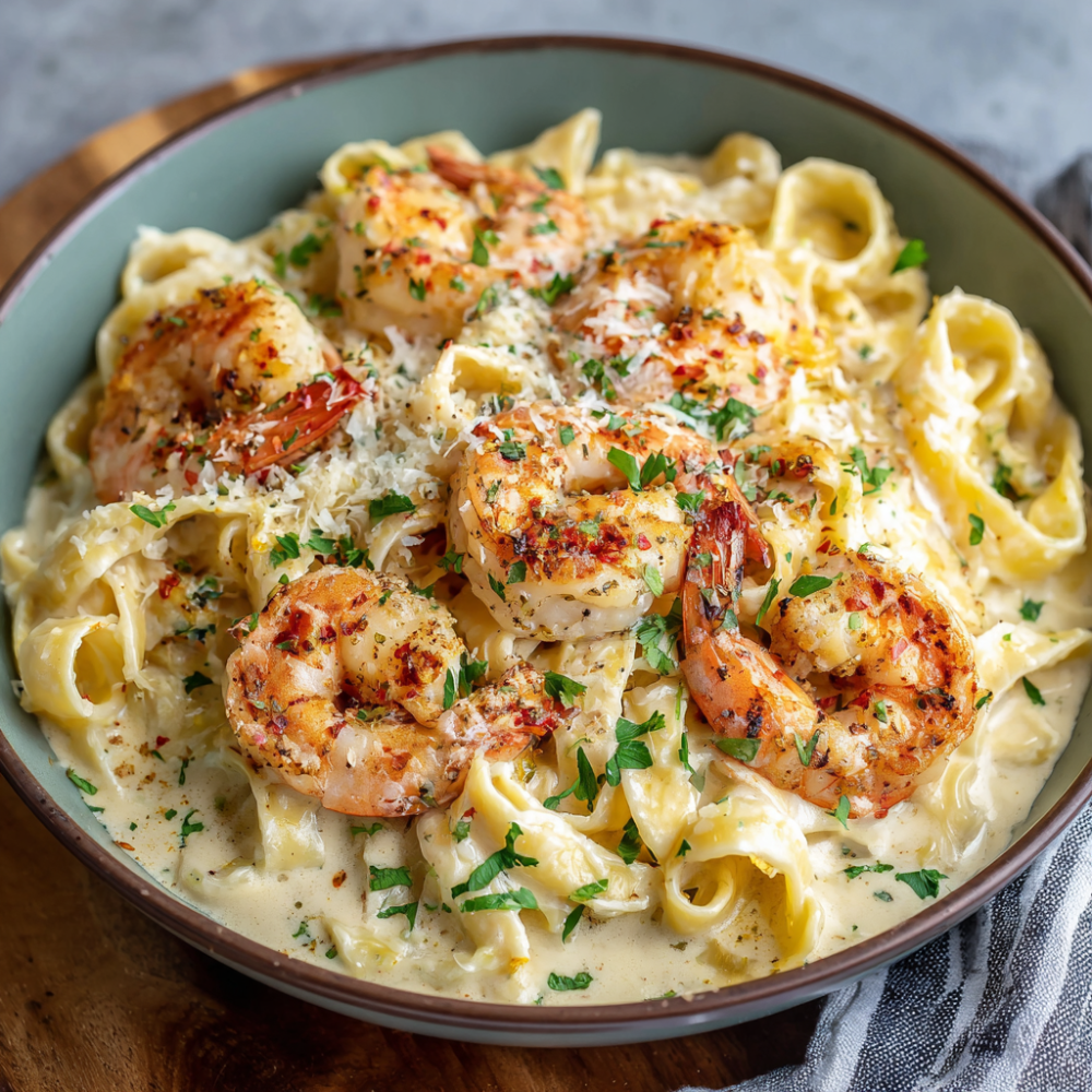Creamy garlic butter shrimp Alfredo pasta