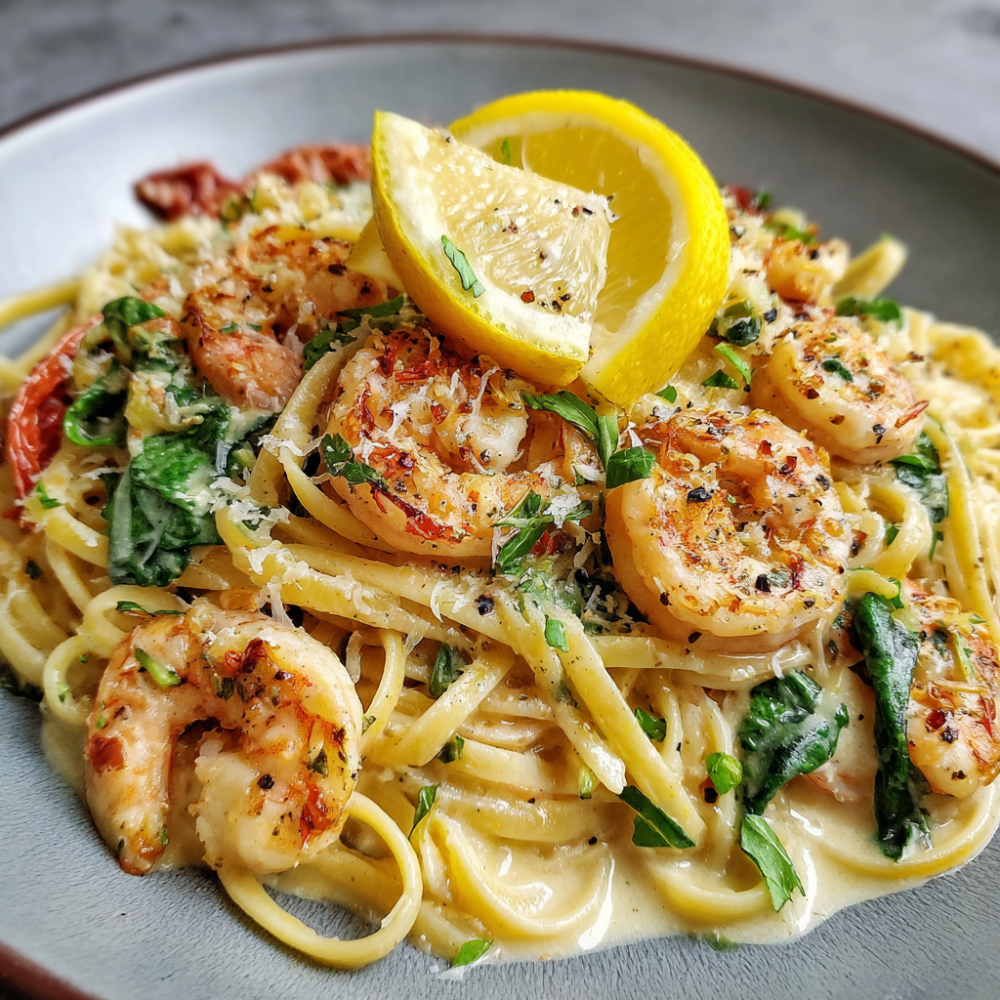 Creamy lemon garlic shrimp linguine