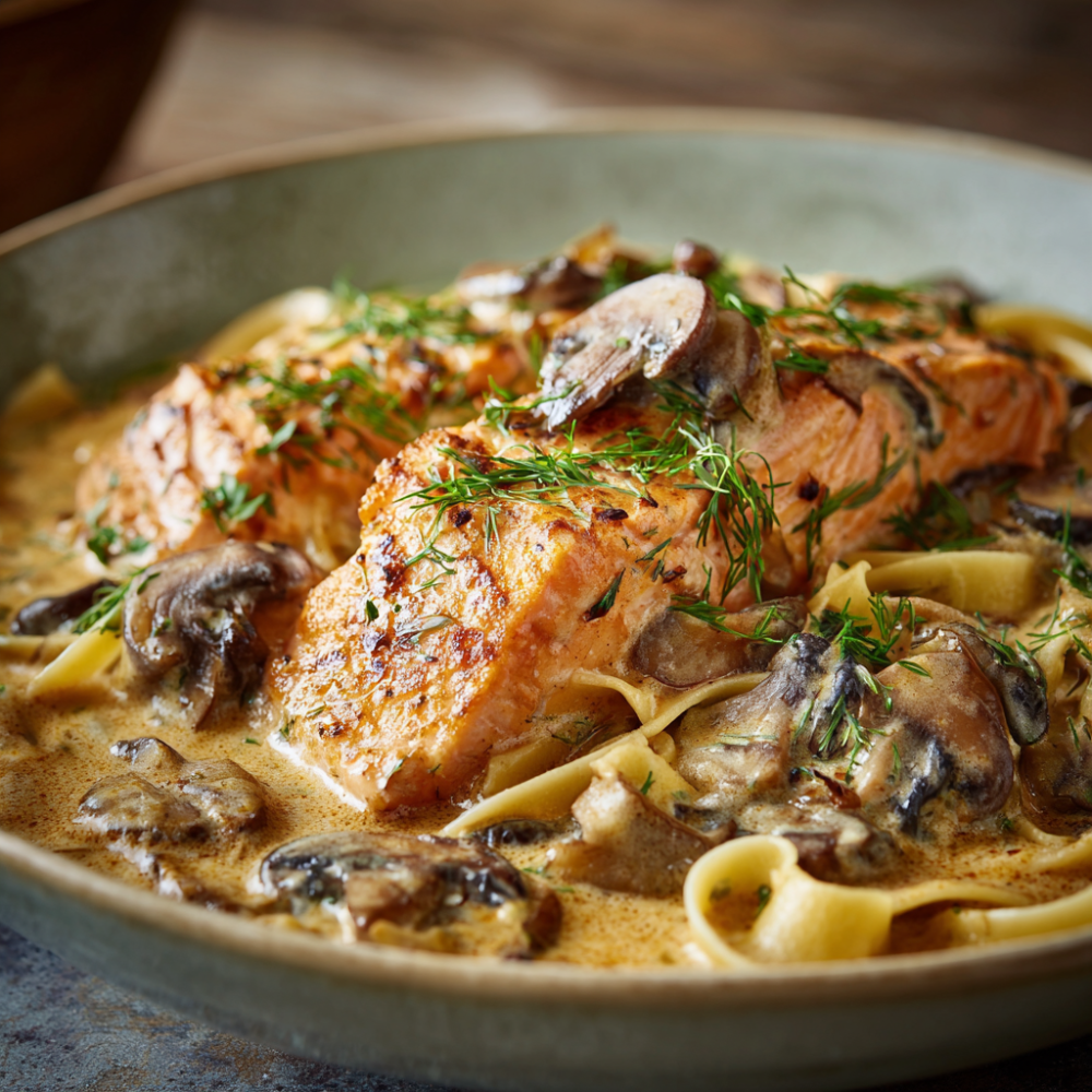 Creamy salmon and mushroom stroganoff over noodles