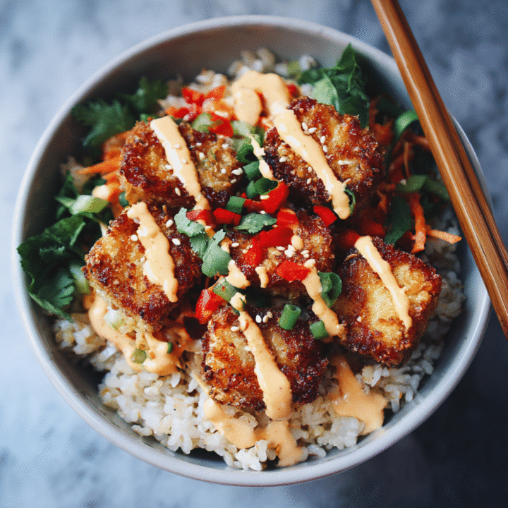 Crispy Tofu Rice Bowl with Vegan Spicy Mayo