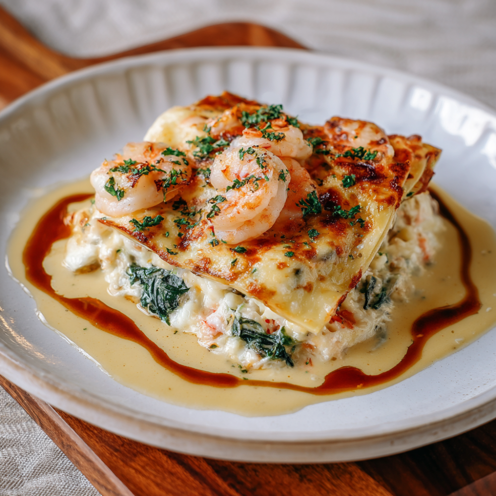 Layered shrimp and crab lasagna