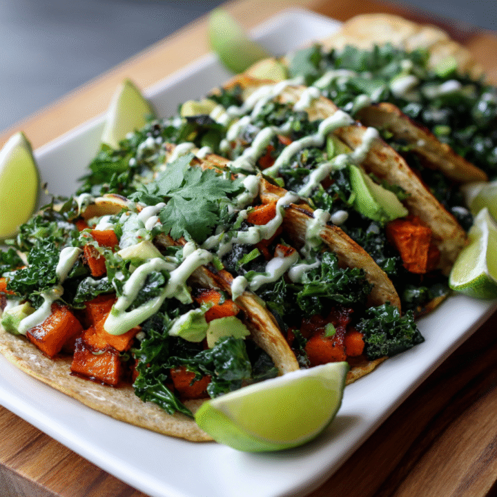 Chili-Lime Sweet Potato & Kale Tacos with Avocado Drizzle