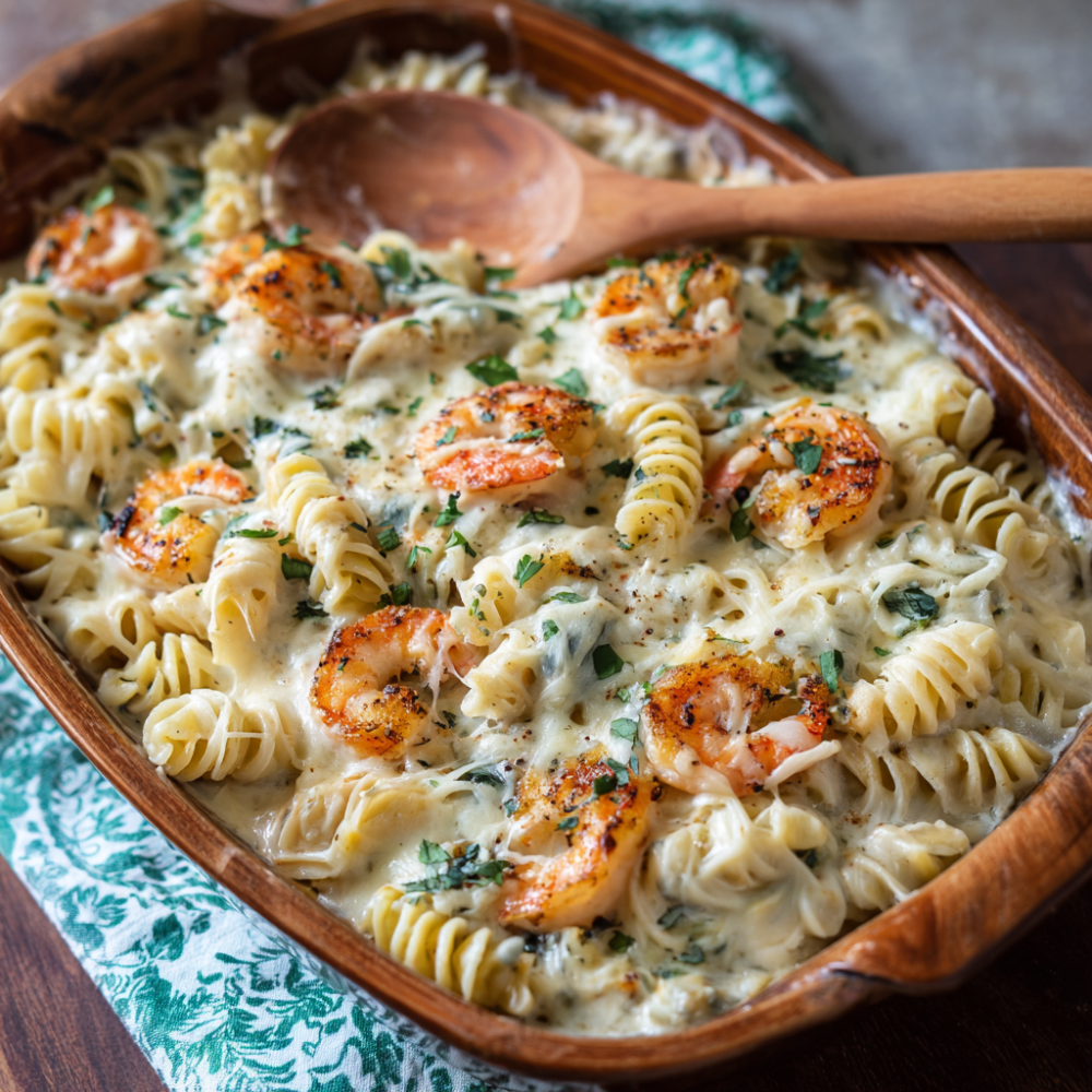 Creamy baked shrimp Alfredo pasta
