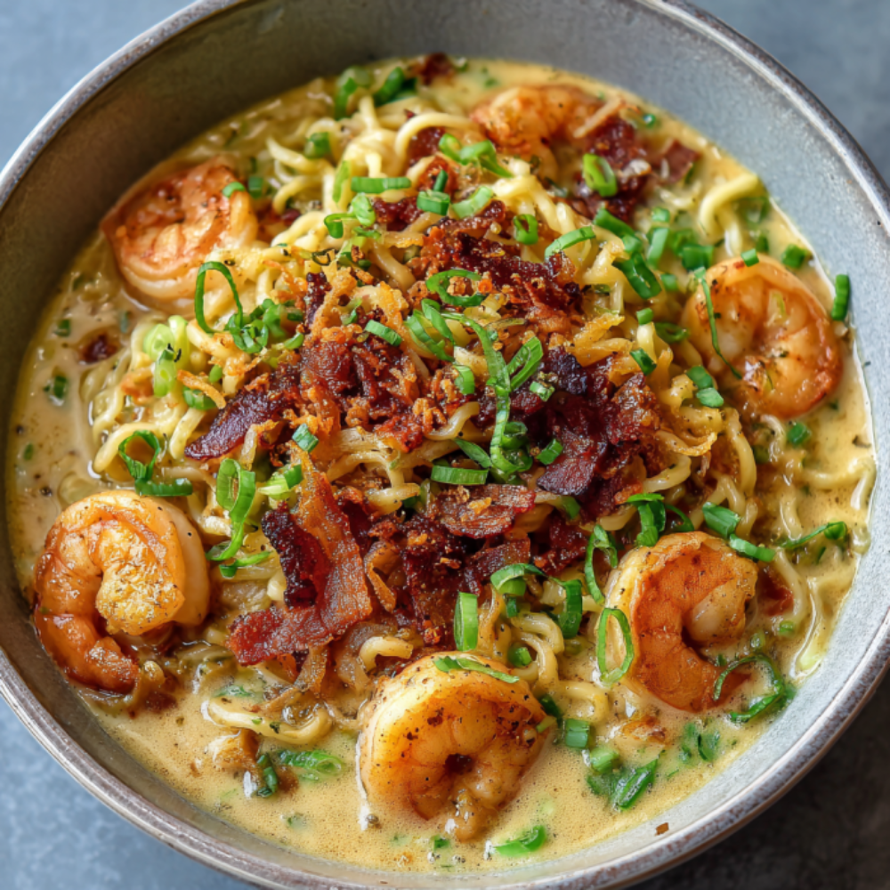 Cheesy seafood ramen carbonara