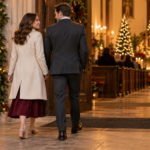 Catholic couple wearing elegant modest outfits as they enter a decorated church for Christmas Mass