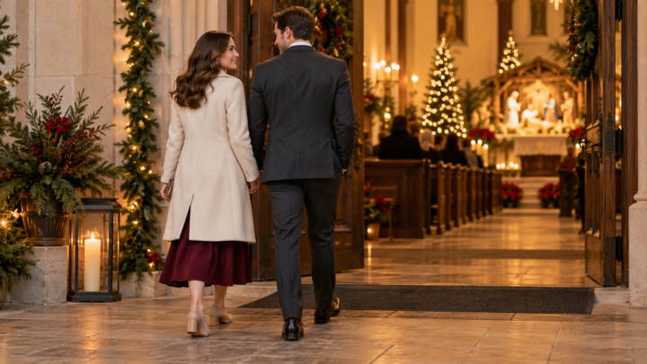 Catholic couple wearing elegant modest outfits as they enter a decorated church for Christmas Mass