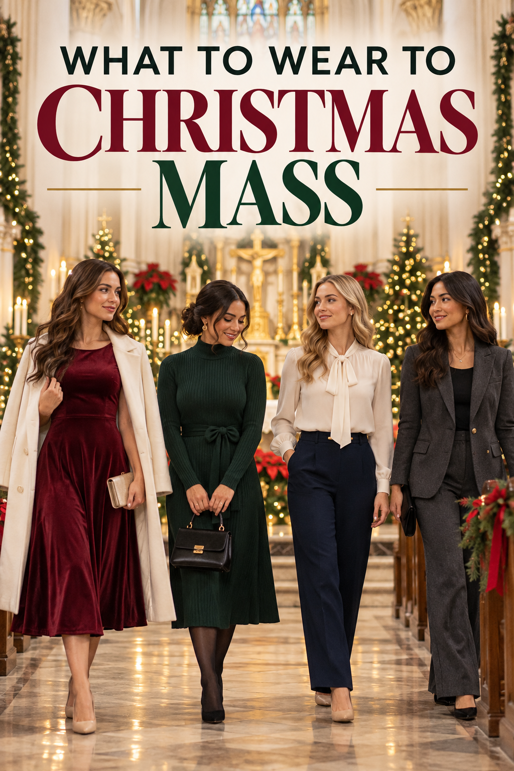 What to wear to Christmas Mass outfit ideas with burgundy, green, ivory, navy, and charcoal looks