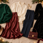 Festive Christmas outfit flat lay with velvet, satin, knitwear and tailored pieces