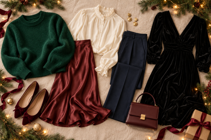 Festive Christmas outfit flat lay with velvet, satin, knitwear and tailored pieces