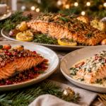 Three festive salmon dishes arranged on a Christmas dinner table