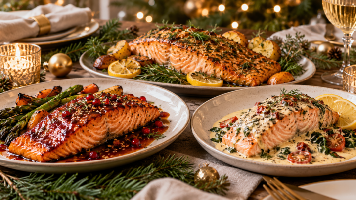 Three festive salmon dishes arranged on a Christmas dinner table