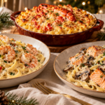 Christmas seafood pasta dishes on a festive holiday table