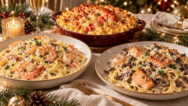 Christmas seafood pasta dishes on a festive holiday table