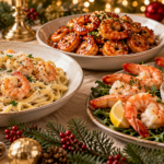 Three festive shrimp dishes arranged on a Christmas table