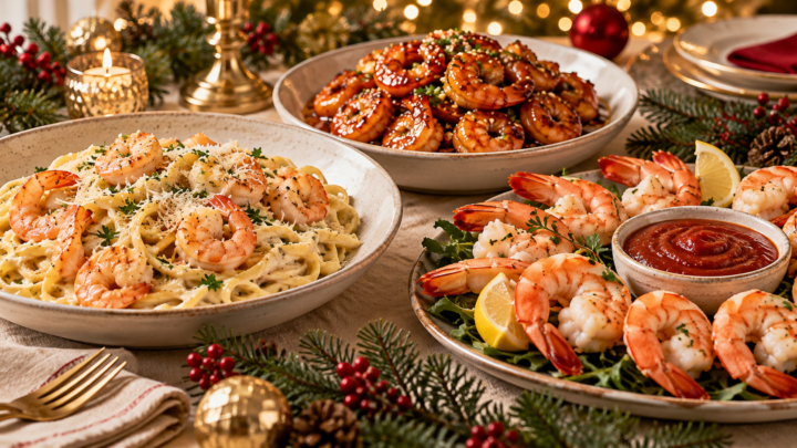 Three festive shrimp dishes arranged on a Christmas table