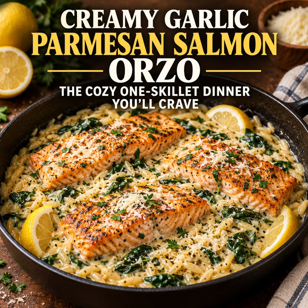 Creamy garlic Parmesan salmon orzo Pinterest graphic