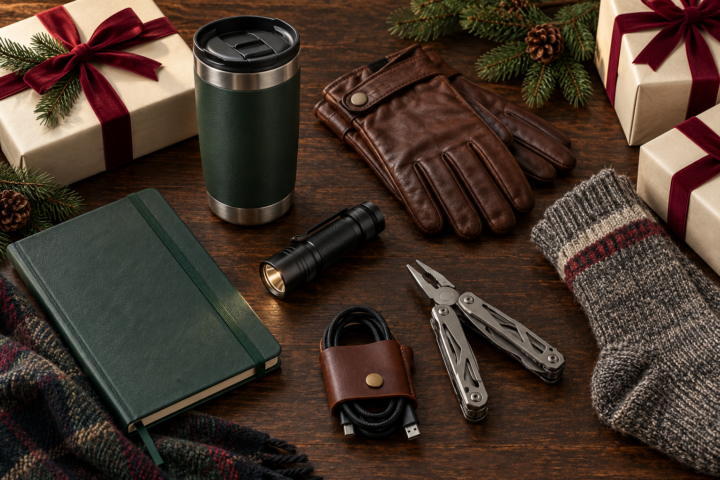 Practical Christmas gifts for him arranged on a wooden table