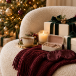 Cozy Christmas gifts for her arranged by a festive chair