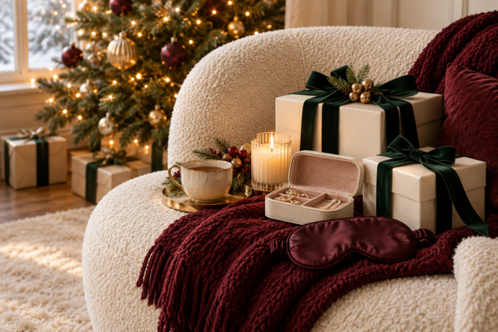 Cozy Christmas gifts for her arranged by a festive chair