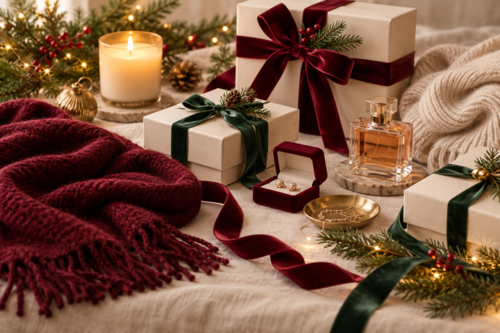 Elegant Christmas gifts arranged with burgundy and green velvet ribbons