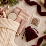 Christmas stocking stuffers for women arranged on ivory linen
