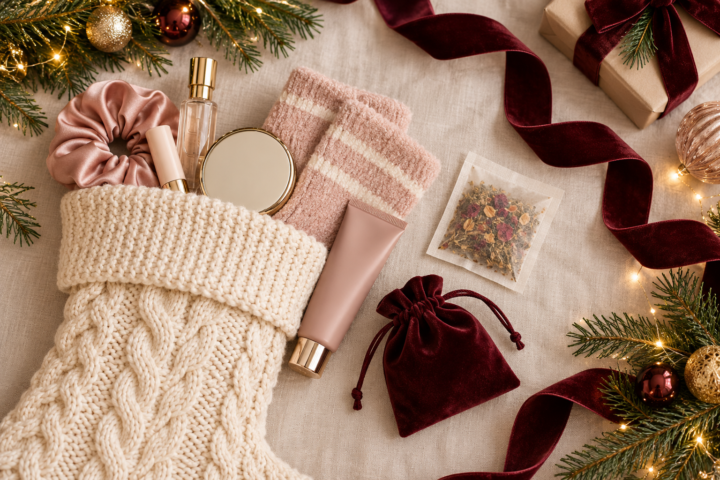Christmas stocking stuffers for women arranged on ivory linen