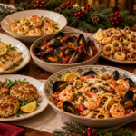 Feast of the Seven Fishes Christmas Eve table with baked fish, shrimp, mussels, calamari, crab cakes, salmon, and seafood pasta