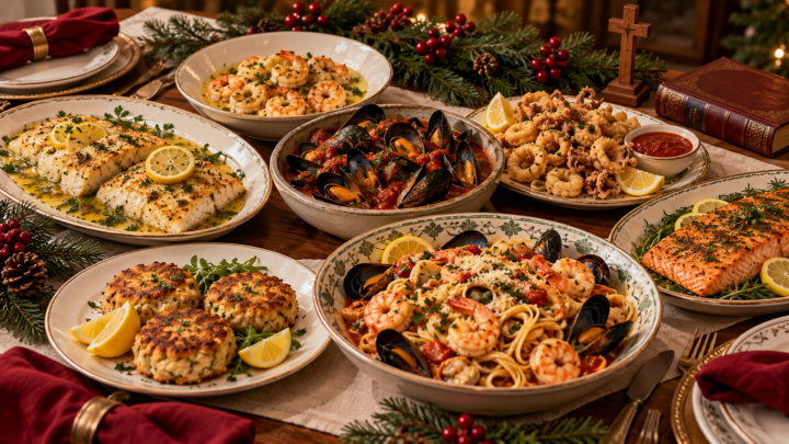 Feast of the Seven Fishes Christmas Eve table with baked fish, shrimp, mussels, calamari, crab cakes, salmon, and seafood pasta