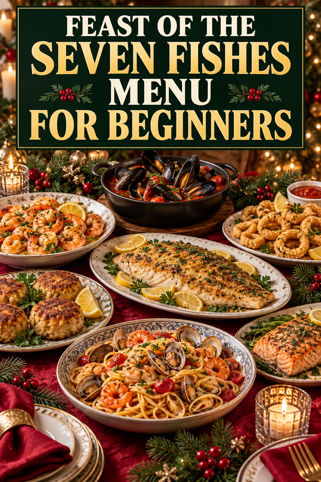 Feast of the Seven Fishes menu for beginners with seven festive seafood dishes