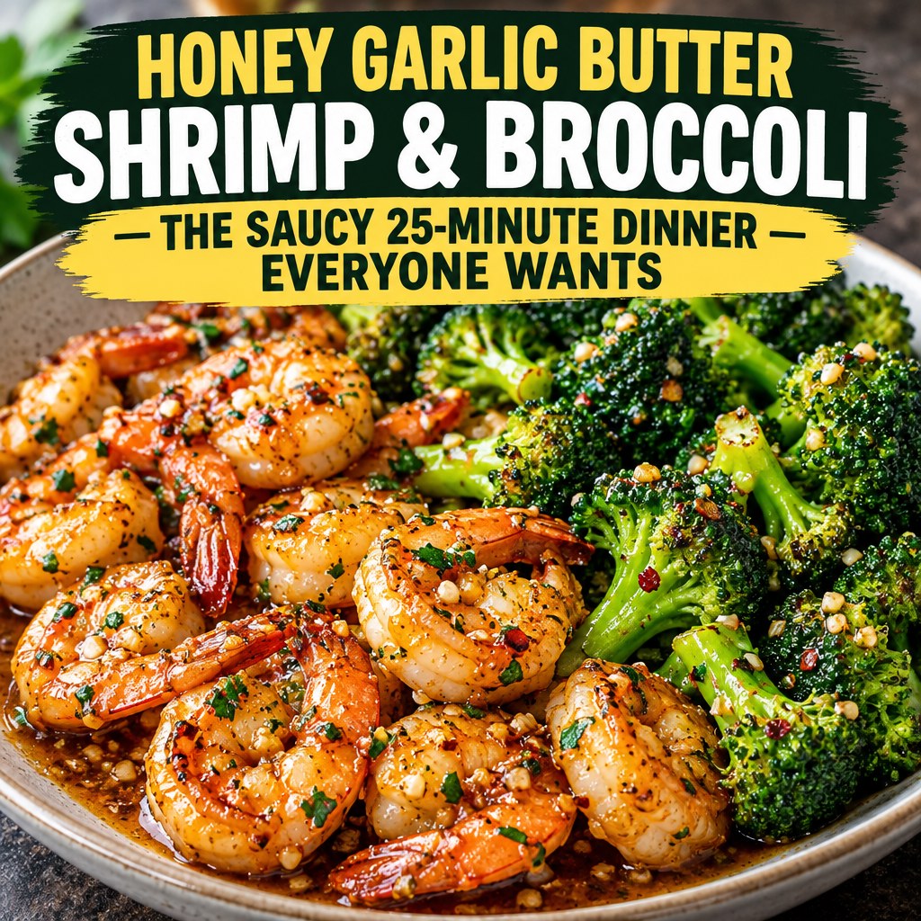 Honey garlic butter shrimp and broccoli Pinterest graphic