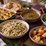 Meatless Advent dinner spread with mushroom pasta, lentil stew, roasted vegetables, bread, and salad