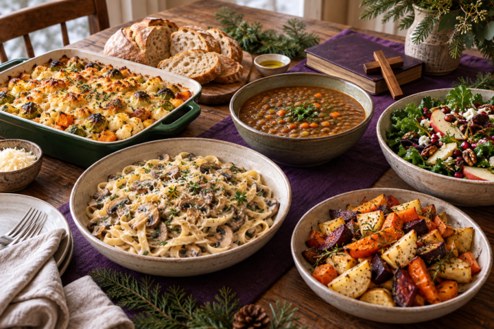 Meatless Advent dinner spread with mushroom pasta, lentil stew, roasted vegetables, bread, and salad