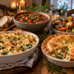 A cozy spread of meatless Friday comfort foods including pasta bake, pot pie, bean stew, and roasted vegetables