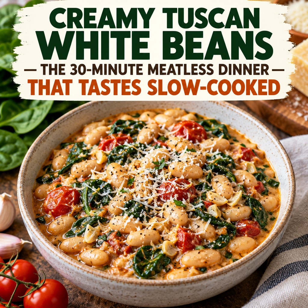 Tuscan white bean and spinach skillet Pinterest graphic